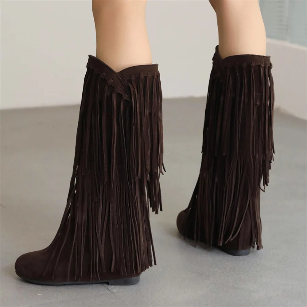 2023 Fashion Ethnic Woman Bohemian Flock Tassle Hidden Moccasin Mid-Calf Boots Fringe Female Slip On Shoes Autumn Winter New