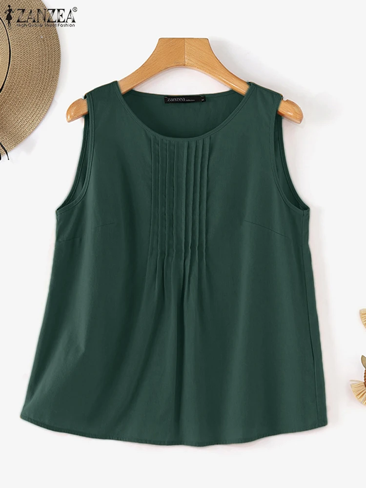 Винтажная однотонная летняя блузка ZANZEA без рукавов с круглым вырезом стильная