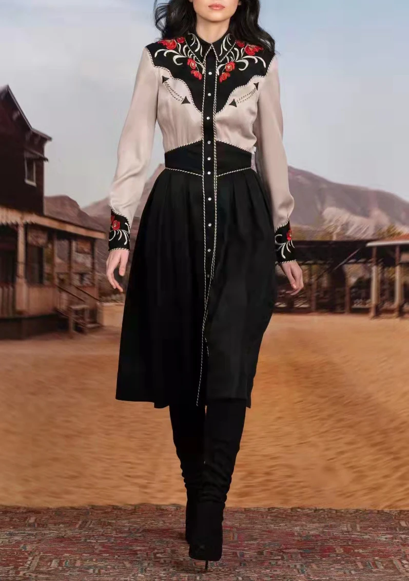 

Повседневная мода 2023 летнее женское однобортное платье с вышивкой и длинными рукавами