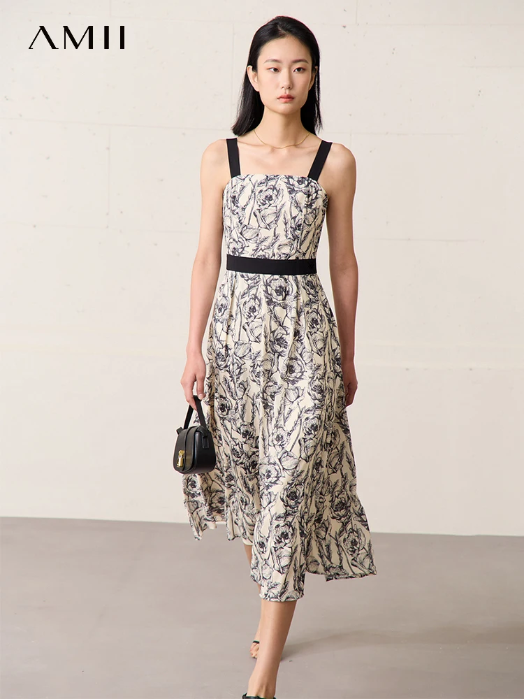 

AMII Minimalism White Porcelain Contrasting Colors Women's Dress 2023 Summer New Slip Backless Chic Sleeveless Vestidos 12341051