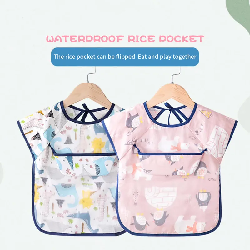 

Kids Feeding Bib Cotton Waterproof Short Sleeve Apron Rice Pocket Feeding Blouse Toddler Bibs Children Summer Thin Feeding Smock