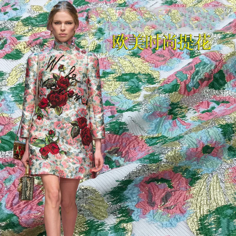 

Gold Wire Jacquard Fabric Coat Windbreaker Dress Clothing Cloth European Brand Fashion Design Sewing Wholesale Material by Meter