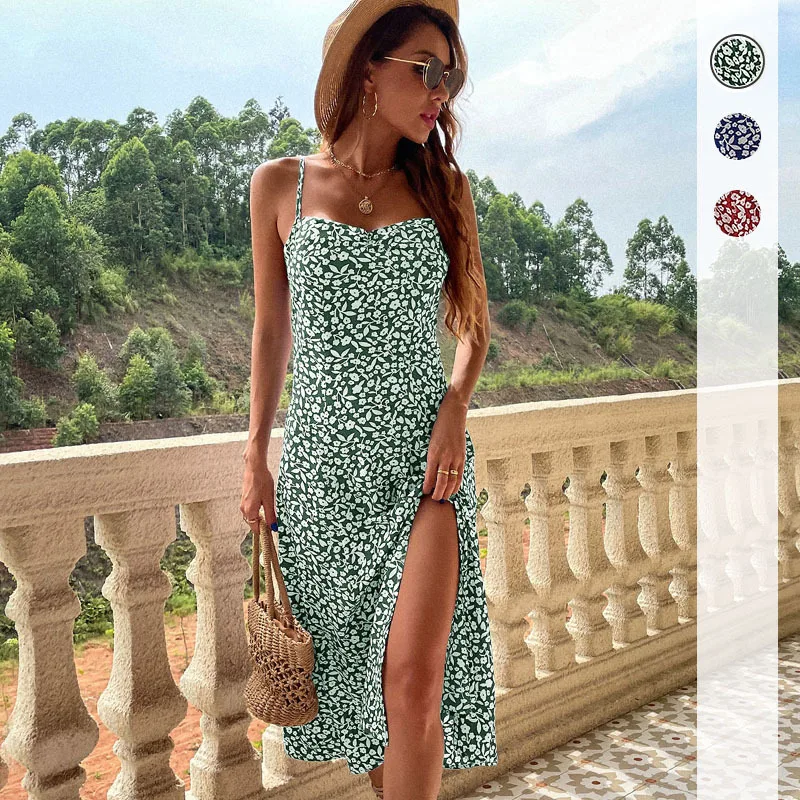 

Summer new floral Slip dress slim slit print sexy dress