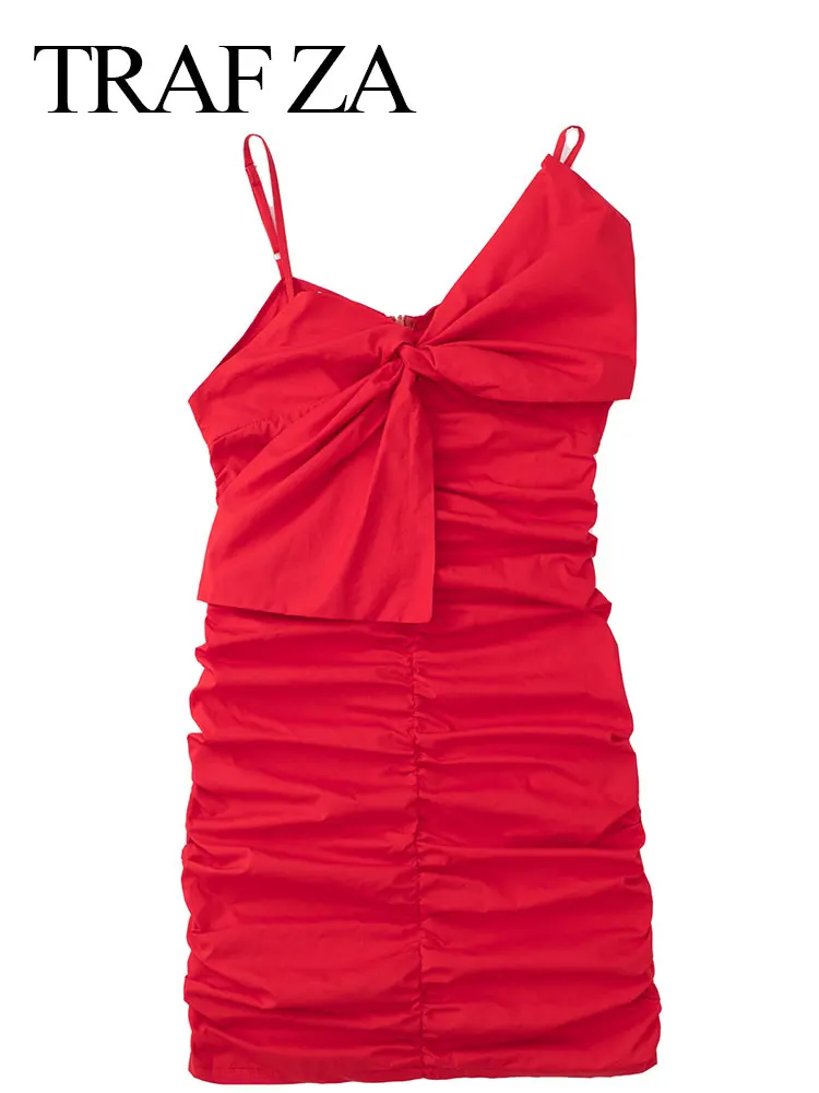 

TRAF ZA Elegant Pure Red Smocked Sexy Slim Fit Women's Dress Fashion Premium Asymmetric Large Bow Neckline Lady Sling Dress