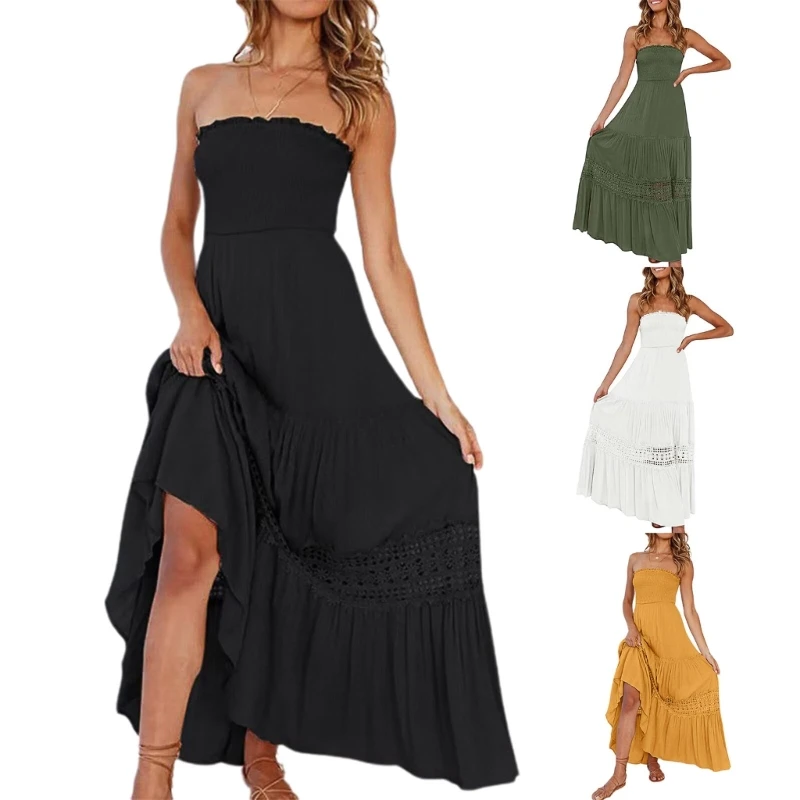

Women's Summer Sleeveless Strapless Ruffle Off The Shoulder Swing Cocktail Party Dress Bohemian Beaches A-line Dress