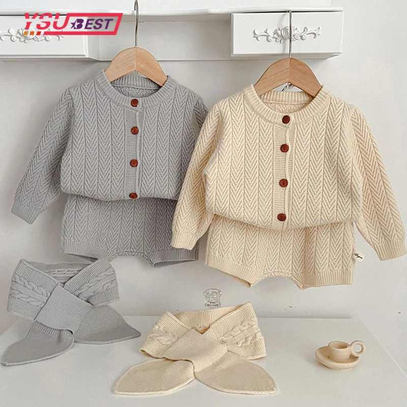 

Kids Girl Knit Sweater Clothing Autumn Baby Boy Girl Clothes Sets Knitted Sweater Cardigan + Scarf Bloomers Shorts +Outfits Sets