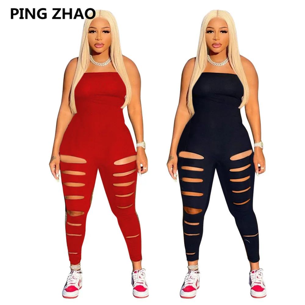 

PING ZHAO Women Hole Sexy Jumpsuit Summer Bodycon Strapless Elastic Romper Overall Playsuit