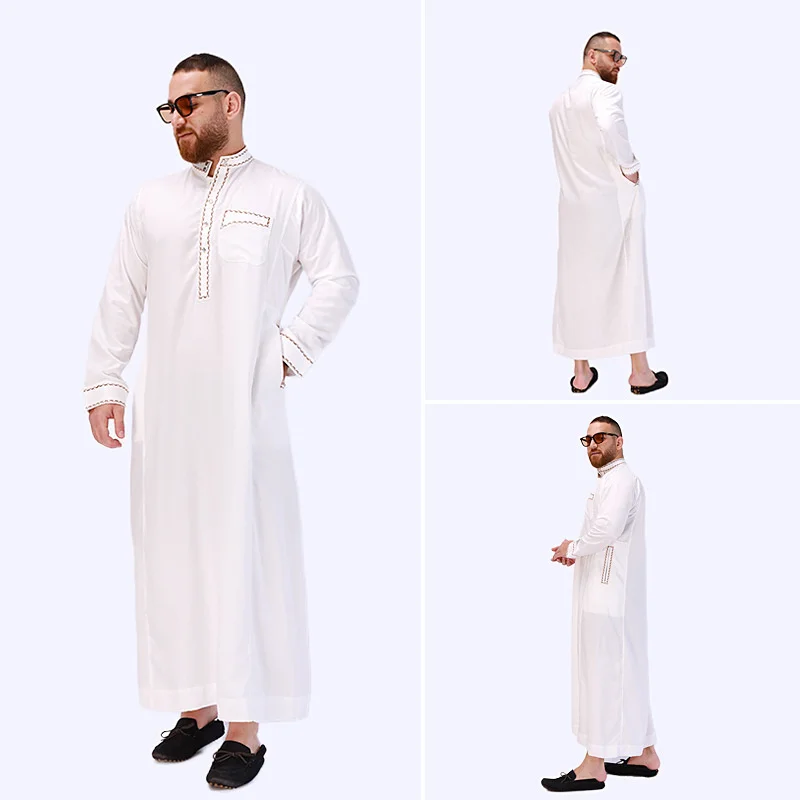 Muslim Robe Arab Fashion Long Sleeved Worship Robe White Men Abaya National Costume Dubai Saudi Arabia Men Clothing