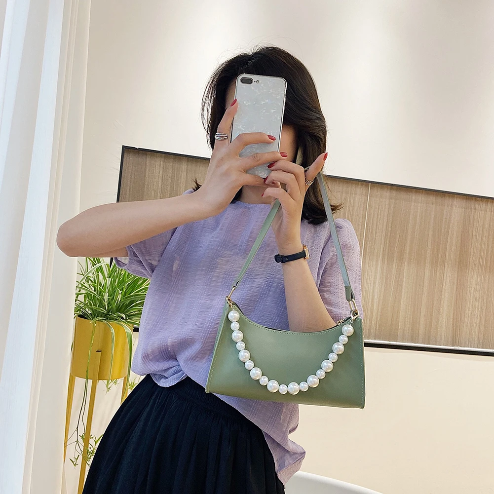 

Women Solid Color Handbags Lady PU Leather Pearl Chain Small Shoulder Totes Bag Youth Ladies Simple Versatile Bag