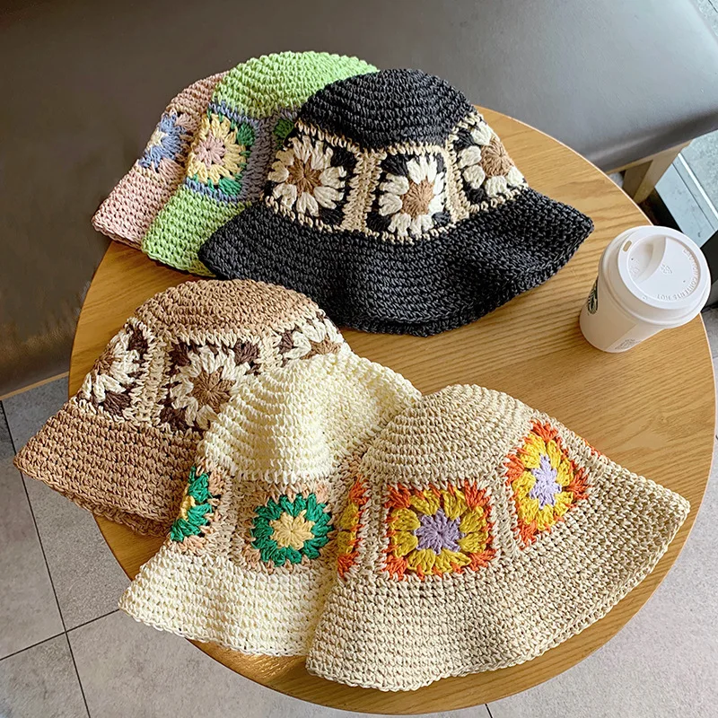 Japan Korea Crochet Beach Straw Hat Women Summer Flowers Pure Hand-woven Hat Sunshade Fisherman Hat Breathable Bucket Hat