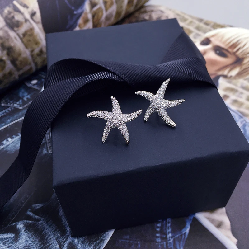 Personality Micro-inlaid Diamond Starfish Earrings Simple Japanese and Korean Temperament Simple Style Earrings