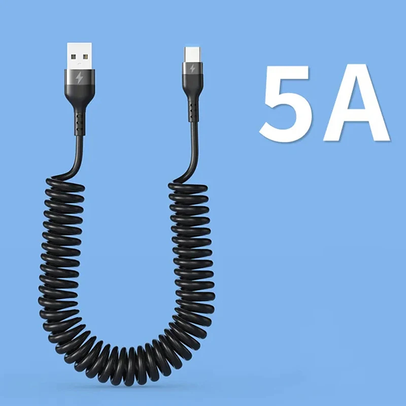 

66W 5A Fast Charging Type C Cable Micro Spring Car Charging Cable for Samsung Xiaomi Redmi POCO Huawei Honor Phone Accessories