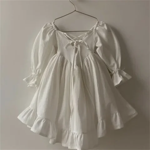 Vestido algodón длинная одежда для малышей, ropa de Baby 2 a 7 лет, винтажная, с lazo en la espalda, цвет белый