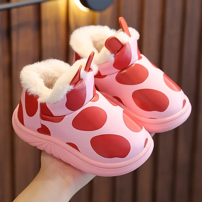 

Girls Slippers Waterproof Fashion Children Warm Cotton Shoes Baby Ankle Warped Boys Cow Kids Shoes Drop Shipping Non-slip Cute