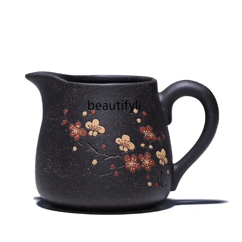 

yj Raw Ore Black Galaxy Tea Pot Purple Sand Tea Pitcher Handmade Lettering Painted Plum Blossom Fair Mug