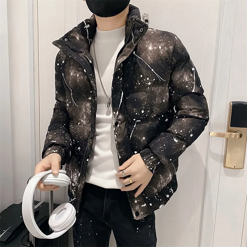 Starry Sky Print Winter Men's Jackets Korean Thicken Warm Casual Parka Jacket Zipper Streetwear Social Overcoat Male Clothing