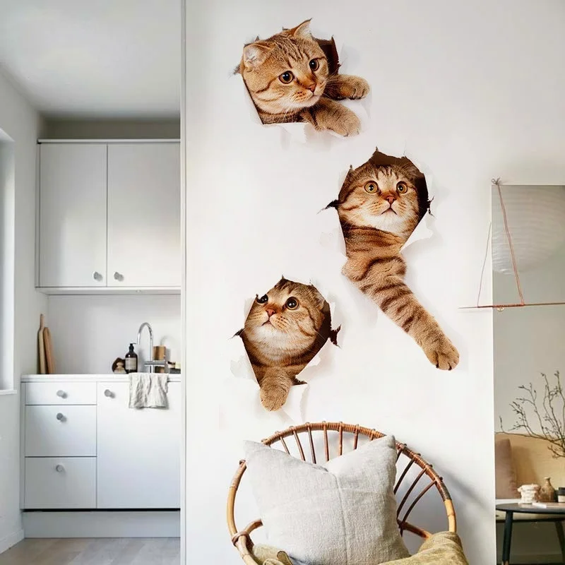 

New Fashion 3D Hole View Vivid Cats Wall Sticker Bathroom Living Room Kitchen Decoration Decals Art Sticker