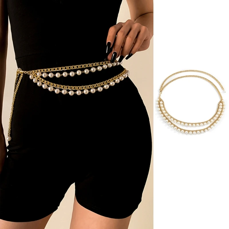 

F42F Women Body Chain Artificial Pearls Waist Chain Belt Adjust Waist Chain Belly Chains for Female Clothing Accessories