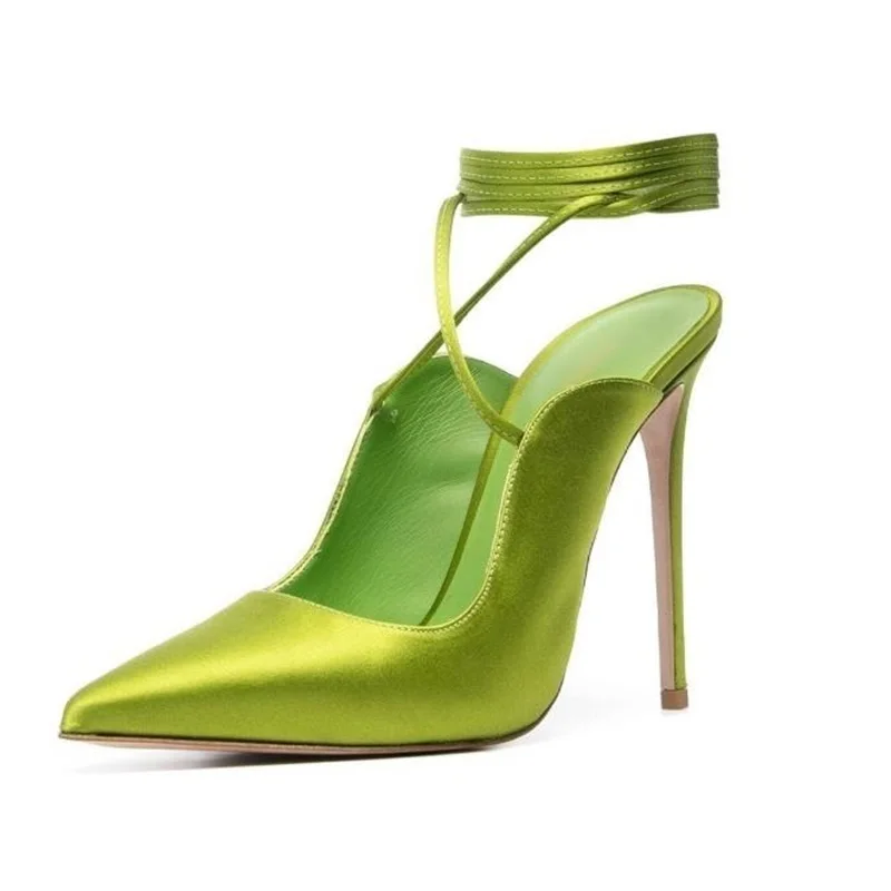 

Green Satin Slingback Pumps Pointed Toe Shallow Ankle Wrap Cover Heels Hollow Stiletto High Heels Shoes Big Size 45