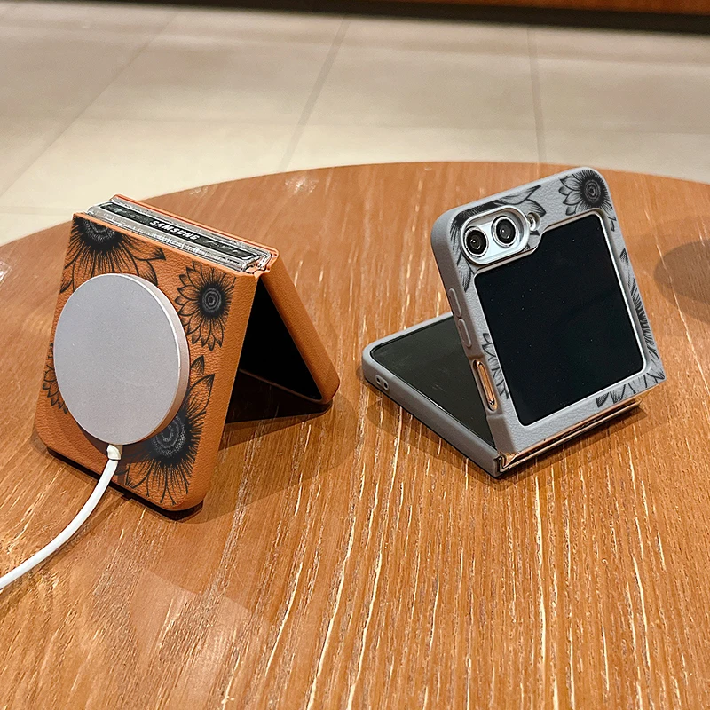Чехол с рисунком подсолнуха для Samsung Galaxy Z Flip6 Flip5 Flip4 Flip3 магнитный чехол Magsafe