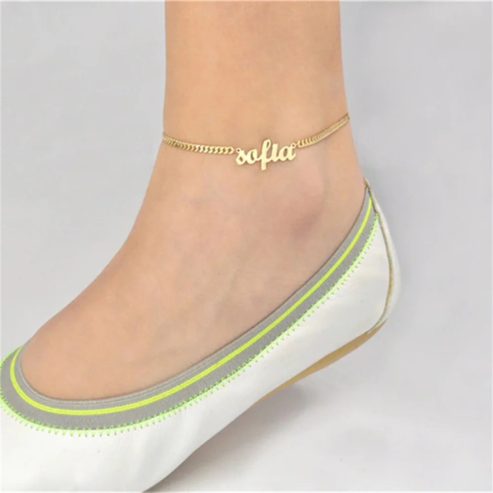 

Personality Custom Name Anklets For Women Stainless Steel Gold Colour Cuban Chain Summer Sandy Beach Charm Anklet Jewelry Gift