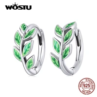 wostu 925 sterling silver spring plants green leaf round hoop stud earrings for women fashion party jewelry gift cqe1392