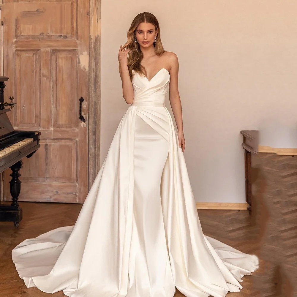 

TIXLEAR Elegant Satin Long Mermaid Wedding Dresses Bride 2023 with Detachable Train Simple Bridal Gown Vestidos De Novia Civil