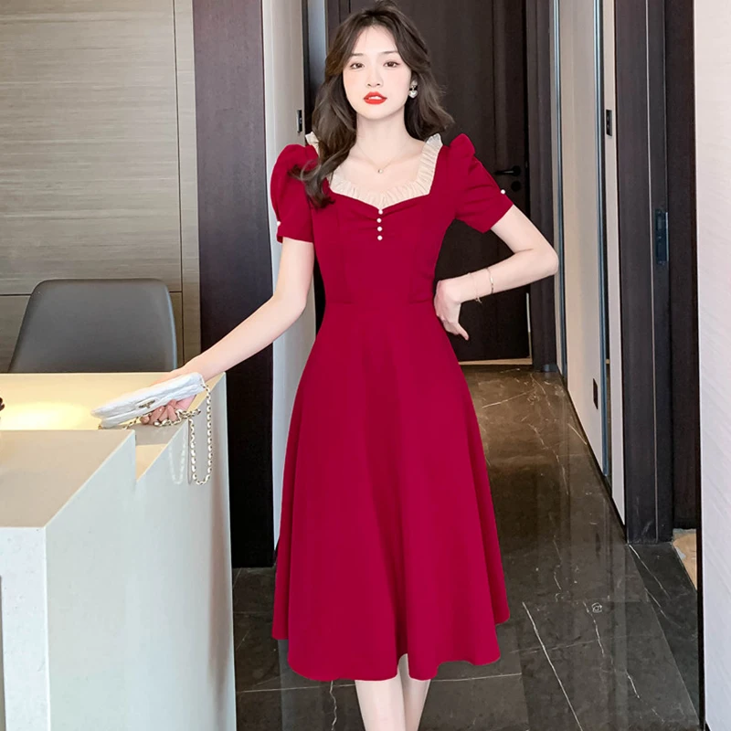 

2022 Short Sleeve Ruffled Square Collar Midi Dresses Women Korean Vintage Black Hepburn Dress Summer Elegant Bodycon Party Dress
