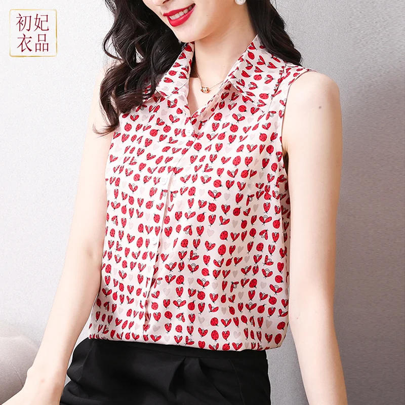 #1703 Woman Tops And Blouses Summer Sleeveless Vest Shirt Pink Heart Shape Ladybug Print Thin Elegant Lady Tops Korean Fasion