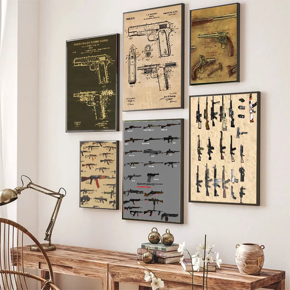 

World Famous Gun Posters Military Fans Vintage Poster Self-adhesive Art Poster Retro Kraft Paper Sticker DIY Room Cafe Vintage