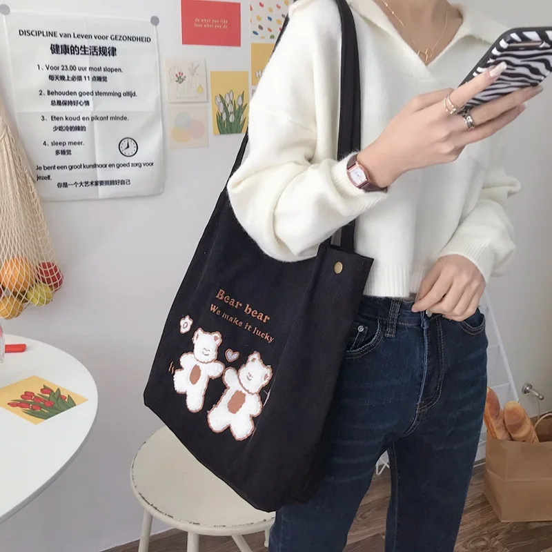 

Women Corduroy Shoulder Bag Lucky Bears Embroidery Striped Canvas Handbag Eco Cloth Tote Cute Soft Shopping Bags For Ladies