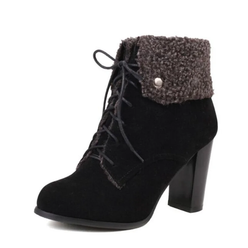 

British Style Thick Heel Lace Up Women's Boots Round Toe High Heel Martin Boots Female Artificial Leather Shoes Bota Feminina