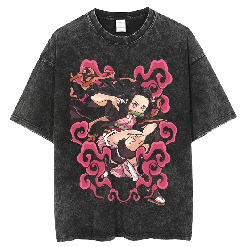 

Футболка с японским аниме киметсу но айба, промытая футболка, крутая летняя футболка с графическим принтом, уличная одежда Манга, футболка в...