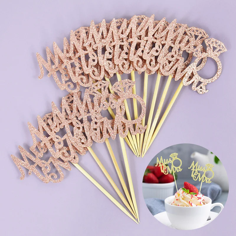

12/24Pcs Rose Gold Mrs Ring Diamond Ring Cupcake Toppers Bridal Wedding & Engagement Cake Topper Party DIY Dessert Cake Decor