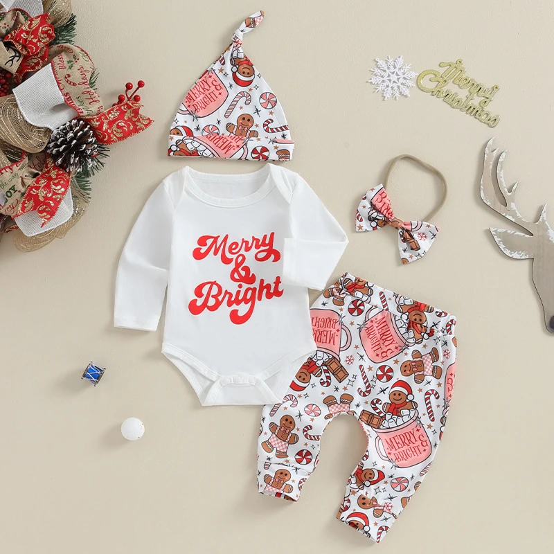 

Listenwind Baby 4 Piece Clothes Outfits Christmas Letter Print Long Sleeve Rompers and Elastic Pants Beanie Hat Headband Set