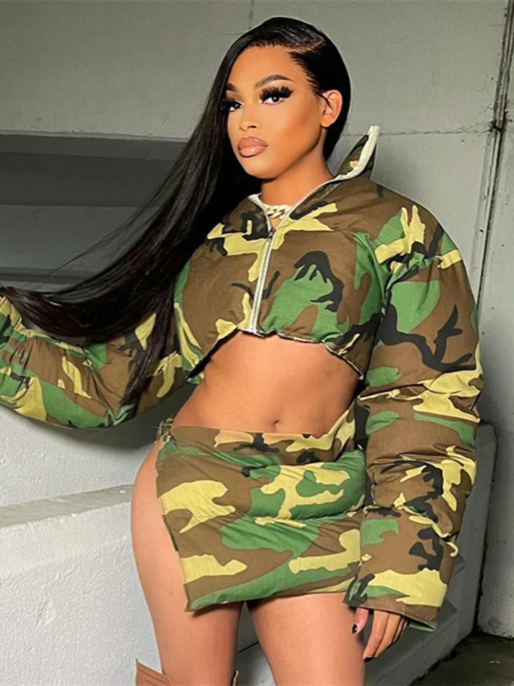 

Akaily Autumn Camo Print 2 Two Piece Dress Sets Women Outfits 2022 Long Sleeve Zip Up Puffer Jackets And Mini Skirts Sets Female