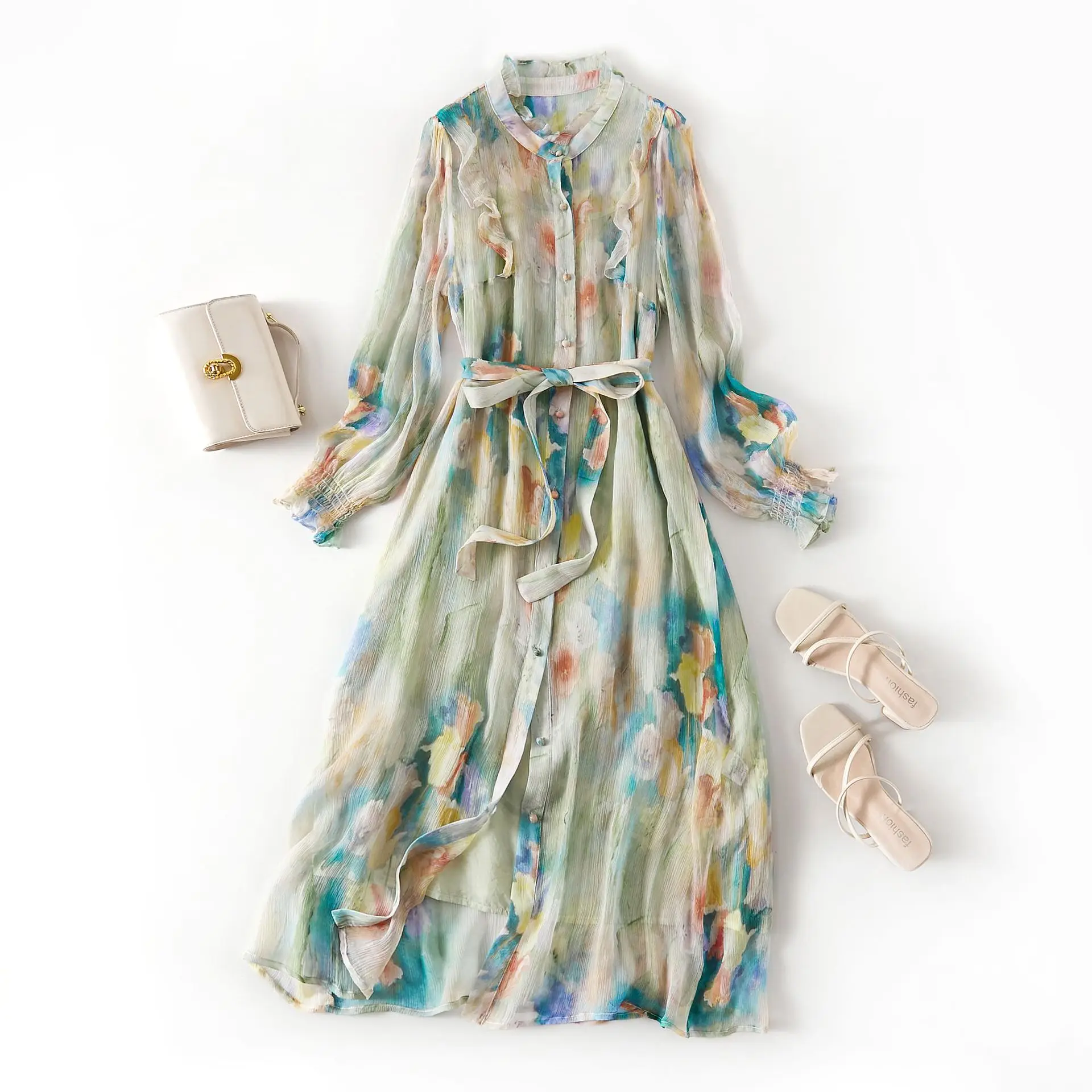 

Элегантное шелковое платье для женщин, OL с длинным рукавом, круглым вырезом, шнуровкой на талии, однобортный принт, платья из шелка тутового дерева, 86033