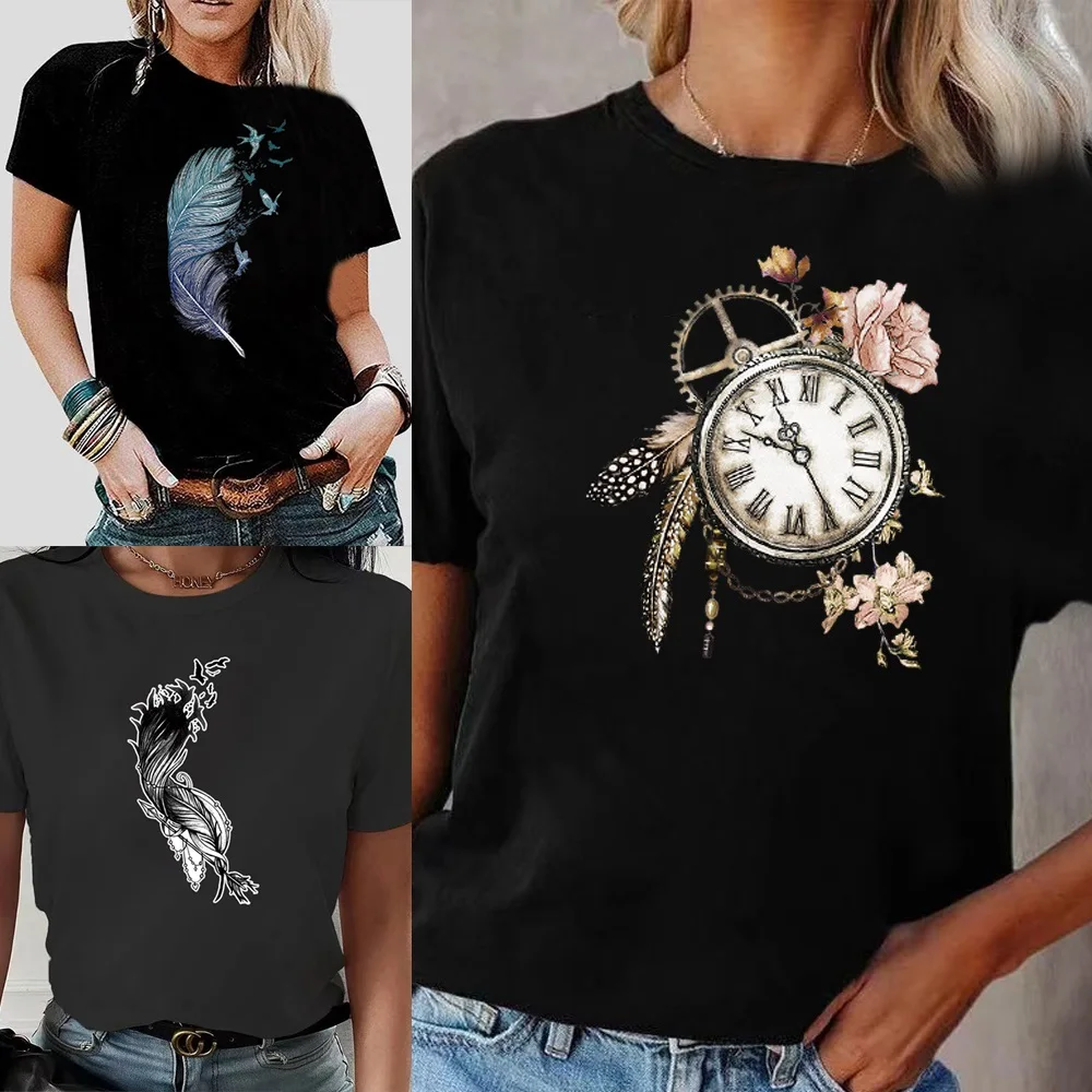 

Harajuku Short Sleeve T-Shirt O-Neck Feather Print Women Summer Hip Hop Loose Casual Streetwear Clothes Sports Breathable Shirt
