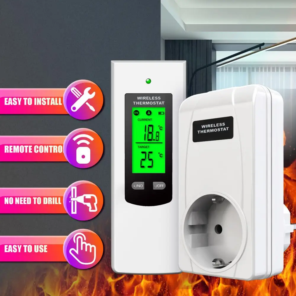 

Lcd Display Plug In Thermostat Green Backlight Wireless Thermostat Remotely Control For Heater Temperature Controller