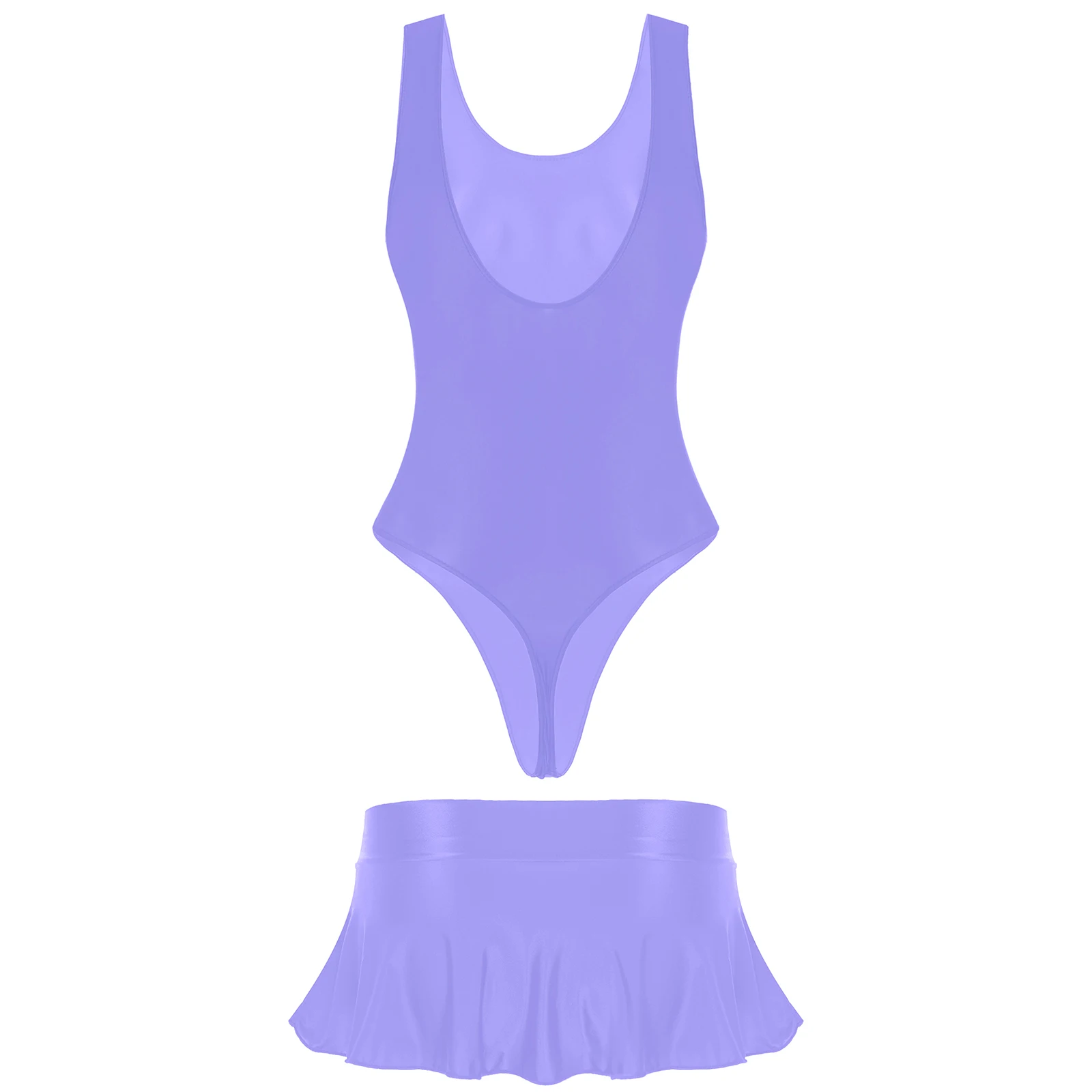 Женское глянцевое Боди без рукавов с высоким вырезом и низкой посадкой мини-юбка