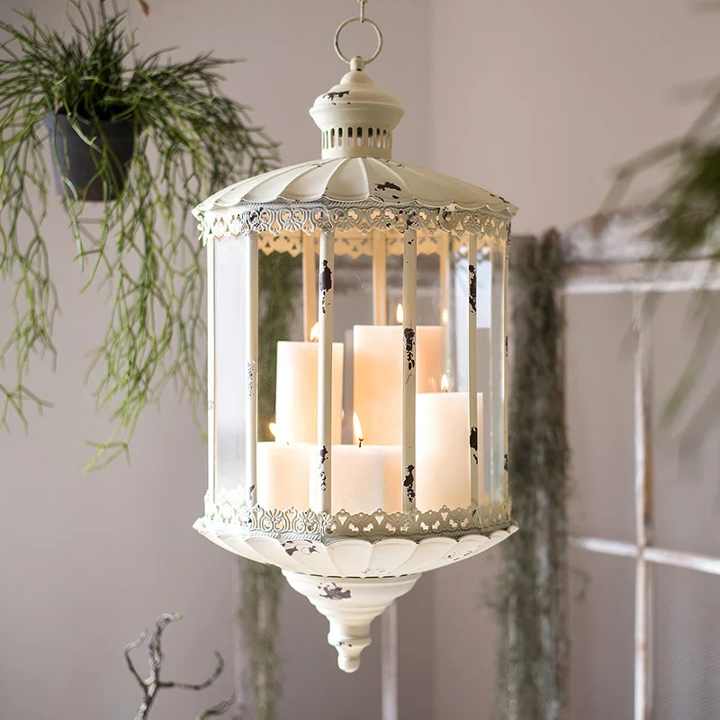 

Large Hanging Storm Lantern Candlestick Display Hanger Wrought Iron Glass French Retro White Show Window Decoration