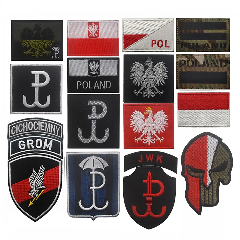 Poland Flag Patches GROM Embroidered Badge Shield Shaped Military Emblem Polish Special Force Morale Cloth Sticker  Combat Suit