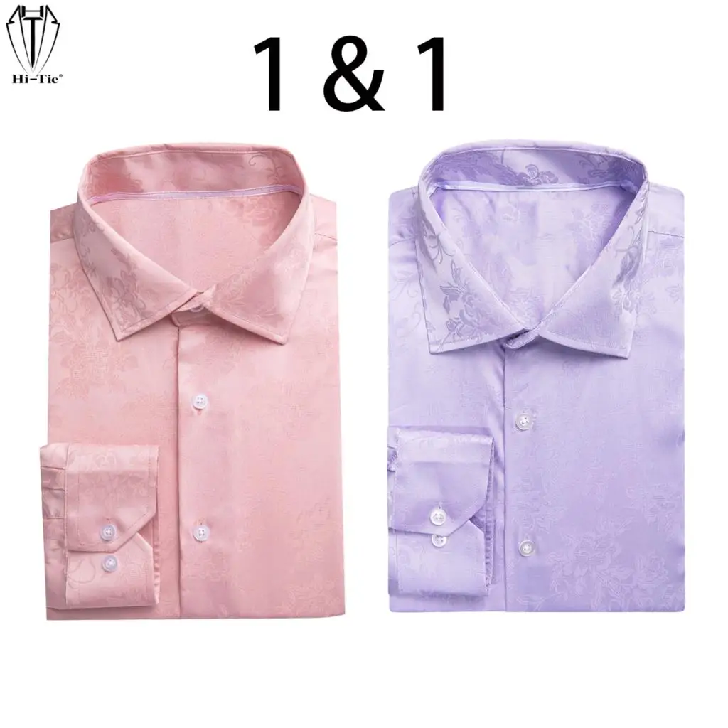 

Hi-Tie Silk Mens Shirts Long Sleeve Dress Suit Shirt Jacquard Floral Male Blouse Lilac Purple Rose Pink Wedding Party Oversized
