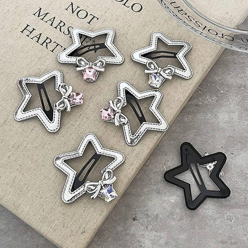Sweet PU Star Hair Clip Bow Rhinestone Pendant Pentagram BB Clips Fashion Y2k Hairpin Side Barrettes All-match Headwear