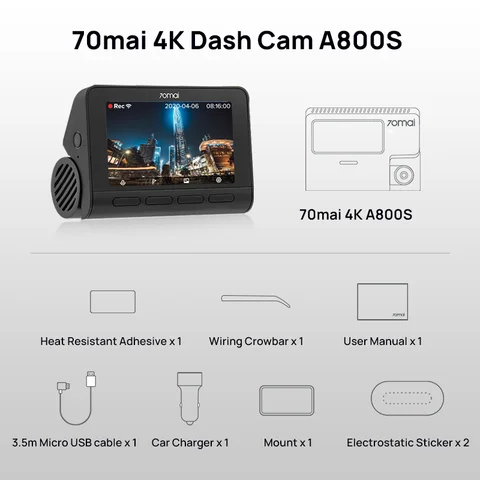 Видеорегистратор 70mai 4K A800S, GPS, ADAS, угол обзора 140 °