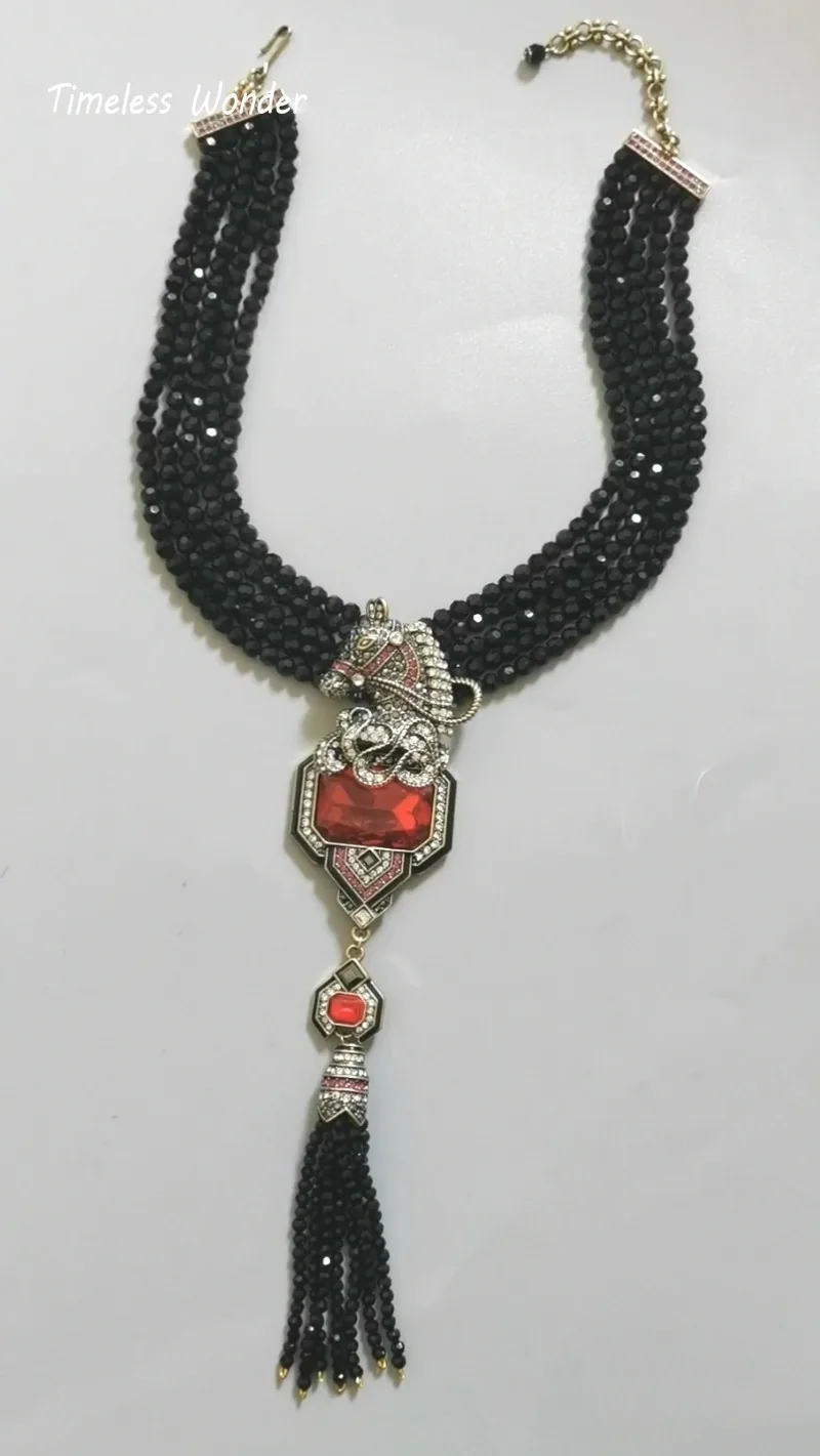 

Timeless Wonder Retro Zircon Horse Tassel Statement Necklaces for Women Designer Jewelry Runway Rare Top Luxury Brand Set 2612