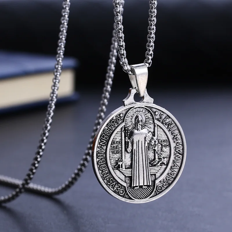 

Catholic Saint Benedict Medallion Pendant Necklace Stainles Steel San Benito Collares Choker Necklaces Creativity Gift Wholesale