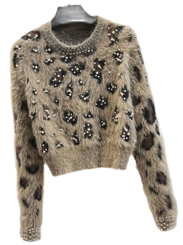 

Повседневный утолщенный свитер с круглым воротником и жемчужинами и леопардовым принтом, свободный свитер, новинка зимы 2022, корейская модн...