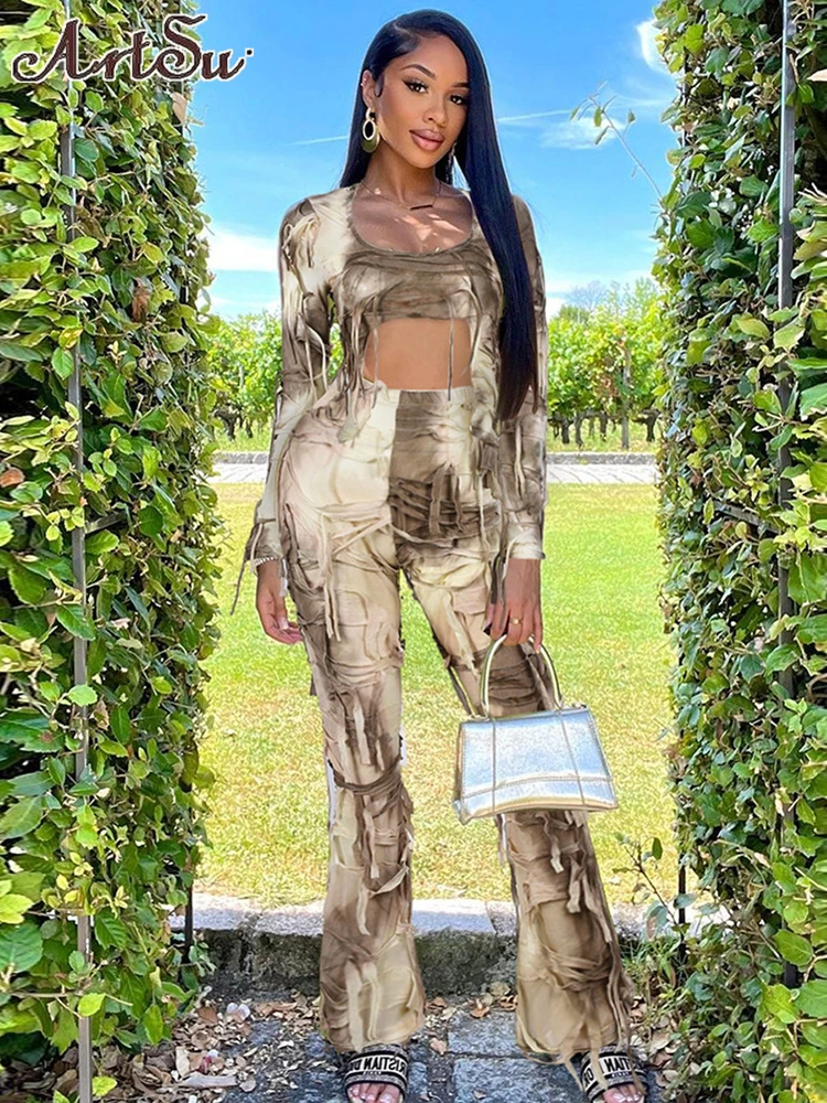 

Женский комплект из двух предметов, укороченный Топ с длинным рукавом и брюки с высокой талией