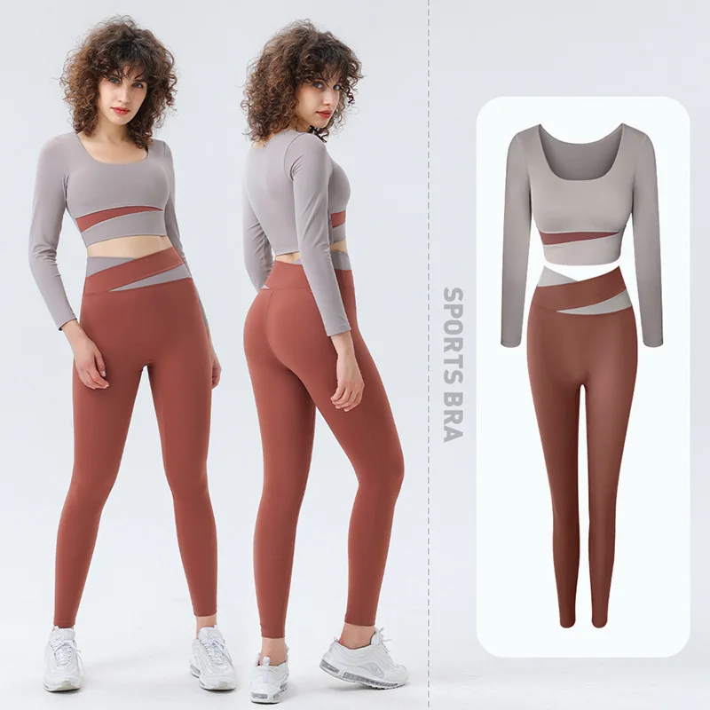 

2022 Autumn and Winter New Fashion Temperament Color Matching Yoga Suit Women with Chest Pad Long Sleeve High Waist Hip Lift